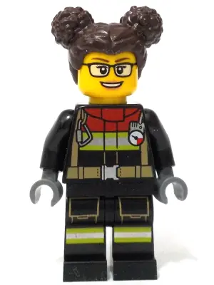 CTY1732:  Fire - Female, Black Jacket and Legs with Reflective Stripes and Red Collar, Dark Brown Hair with Buns, Glasses