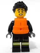 Minifigurka: CTY1733:  Fire - Male, Black Jacket and Legs with Reflective Stripes, Black Spiked Hair, Orange Life Jacket