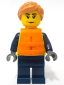 Minifigurka: CTY1736:  Police - City Officer Female, Neon Yellow Safety Vest, Dark Blue Legs, Nougat Hair Ponytail, Orange Life Jacket