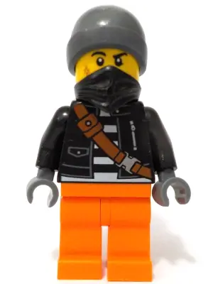 CTY1737:  Police - City Bandit Crook Male, Black Jacket, Orange Legs, Dark Bluish Gray Beanie, Black Bandana