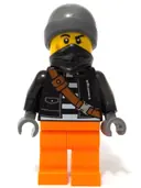 Minifigurka: CTY1737:  Police - City Bandit Crook Male, Black Jacket, Orange Legs, Dark Bluish Gray Beanie, Black Bandana