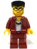 Minifigurka: CTY1738:  Police - City Bandit Crook Male, Dark Red Jacket and Legs, Black Flat Top Hair