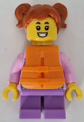 CTY1740:  Child - Girl, Bright Pink Hoodie with Medium Blue and White Diagonal Stripes, Medium Lavender Short Legs, Dark Orange Hair with Pigtails, Orange Life Jacket