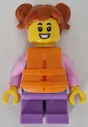 Minifigurka: CTY1740:  Child - Girl, Bright Pink Hoodie with Medium Blue and White Diagonal Stripes, Medium Lavender Short Legs, Dark Orange Hair with Pigtails, Orange Life Jacket