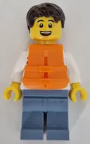 Minifigurka: CTY1741:  Sailboat Driver - Male, White Sweater with Red Horizontal Stripes, Sand Blue Legs, Dark Brown Short Tousled Hair, Orange Life Jacket