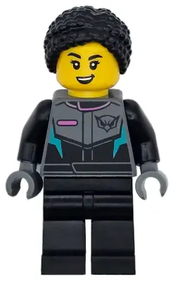 CTY1742:  Race Car Driver - Female, Racing Suit with Hawk Head Logo, Black Legs, Black Hair Braided with Knot Bun