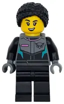 Minifigurka: CTY1742:  Race Car Driver - Female, Racing Suit with Hawk Head Logo, Black Legs, Black Hair Braided with Knot Bun