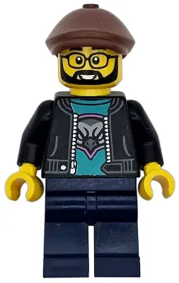 CTY1743:  Race Truck Driver - Male, Black Jacket over Dark Turquoise Shirt with Hawk Head Logo, Dark Blue Legs, Reddish Brown Flat Cap, Beard, Glasses