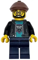 Minifigurka: CTY1743:  Race Truck Driver - Male, Black Jacket over Dark Turquoise Shirt with Hawk Head Logo, Dark Blue Legs, Reddish Brown Flat Cap, Beard, Glasses