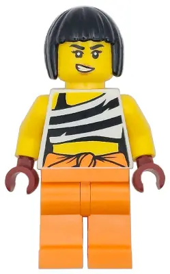 CTY1744:  Police - City Bandit Crook Female, White Tank Top Cropped with Black Stripes, Orange Legs, Black Bob Cut Hair