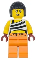 Minifigurka: CTY1744:  Police - City Bandit Crook Female, White Tank Top Cropped with Black Stripes, Orange Legs, Black Bob Cut Hair