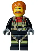 Minifigurka: CTY1746:  Fire - Male, Black Jacket and Legs with Reflective Stripes, Harness and Red Collar, Dark Orange Hair, Beard and Moustache