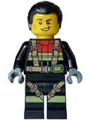 Minifigurka: CTY1747:  Fire - Male, Black Jacket and Legs with Reflective Stripes, Harness and Red Collar, Black Hair Ponytail