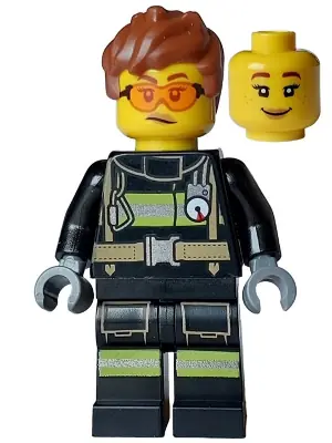 CTY1748:  Fire - Female, Black Jacket and Legs with Reflective Stripes, Reddish Brown Messy Hair, Safety Glasses