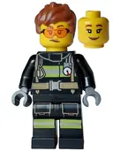 Minifigurka: CTY1748:  Fire - Female, Black Jacket and Legs with Reflective Stripes, Reddish Brown Messy Hair, Safety Glasses