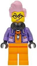 Minifigurka: CTY1749:  Police - City Jail Prisoner Female, Orange Prison Jumpsuit, Dark Purple Jacket, Black Headphones, Bright Pink Hair, Black Glasses