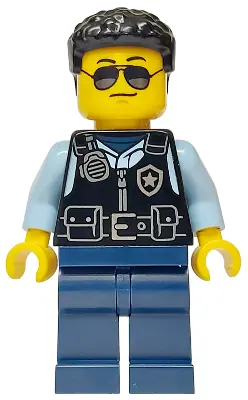 CTY1751:  Police - City Officer Male, Black Safety Vest with Silver Star Badge Logo, Dark Blue Legs, Black Hair, Sunglasses