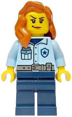 CTY1752:  Police - City Officer Female, Bright Light Blue Uniform with Dark Bluish Gray Belt, Dark Blue Legs, Dark Orange Hair over Shoulder