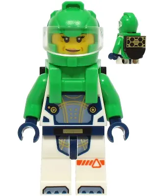 CTY1753:  Astronaut - Female, White Spacesuit with Bright Green Arms, Bright Green Helmet, Trans-Clear Visor, Bright Green Harness with Solar Panel, Closed Mouth