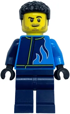 CTY1760:  Monster Truck Driver - Male, Dark Azure and Dark Blue Racing Jacket with Flames, Dark Blue Legs, Black Hair