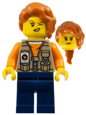 CTY1766:  Jungle Explorer Photographer - Female, Dark Tan Vest over Orange Shirt, Dark Blue Legs, Dark Orange Hair