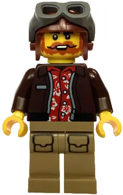 CTY1767:  City Jungle Explorer Pilot - Male, Dark Brown Jacket over Red Hawaiian Shirt, Dark Tan Legs with Pockets, Reddish Brown Aviator Cap with Dark Bluish Gray Goggles, Dark Orange Beard