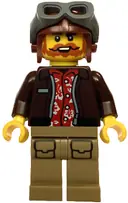 Minifigurka: CTY1767:  City Jungle Explorer Pilot - Male, Dark Brown Jacket over Red Hawaiian Shirt, Dark Tan Legs with Pockets, Reddish Brown Aviator Cap with Dark Bluish Gray Goggles, Dark Orange Beard