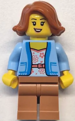 CTY1770:  Bus Passenger - Female, Bright Light Blue Jacket over White Shirt with Coral Flowers, Medium Nougat Legs, Dark Orange Hair