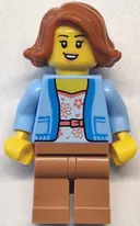 Minifigurka: CTY1770:  Bus Passenger - Female, Bright Light Blue Jacket over White Shirt with Coral Flowers, Medium Nougat Legs, Dark Orange Hair