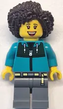 Minifigurka: CTY1771:  Bus Passenger (Wanda About) - Female, Dark Turquoise Jacket with Dark Green Panel, Dark Bluish Gray Legs, Dark Brown Hair