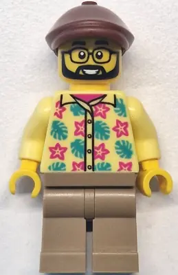 CTY1772:  Bus Passenger - Male, Bright Light Yellow Shirt with Flowers and Leaves, Dark Tan Legs, Reddish Brown Flat Cap