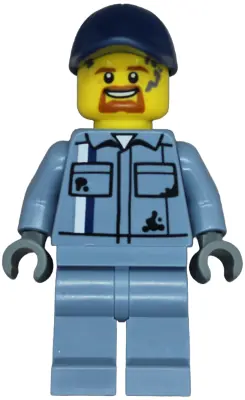 CTY1773:  Tow Truck Driver - Male, Sand Blue Mechanic Uniform, Sand Blue Legs, Dark Blue Cap, Goatee, Splotches