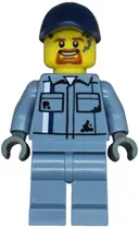Minifigurka: CTY1773:  Tow Truck Driver - Male, Sand Blue Mechanic Uniform, Sand Blue Legs, Dark Blue Cap, Goatee, Splotches
