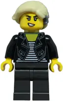 Minifigurka: CTY1774:  Sports Car Driver - Female, Black Leather Jacket over Shirt with White Stripes, Pearl Dark Gray Legs, Tan Hair with Cochlear Implant