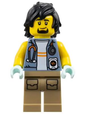 CTY1776:  City Jungle Explorer Medic - Male, Sand Blue Vest with Stethoscope, Dark Tan Legs with Pockets, Goatee and Black Hair