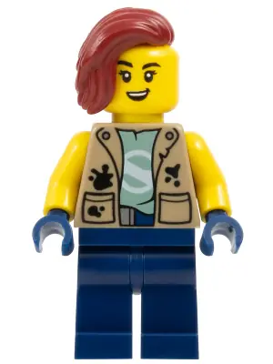 CTY1777:  City Jungle Explorer Mechanic - Female, Dark Tan Vest over Sand Green Shirt, Dark Blue Legs, Dark Red Hair