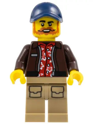 CTY1778:  City Jungle Explorer Pilot - Male, Dark Brown Jacket over Red Hawaiian Shirt, Dark Tan Legs with Pockets, Dark Blue Cap, Dark Orange Beard