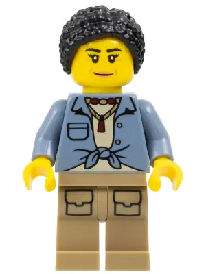 CTY1779:  City Jungle Explorer - Female, Sand Blue Knotted Shirt over Tan Shirt and Necklace, Dark Tan Legs with Pockets, Black Hair Braided Bun