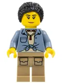 Minifigurka: CTY1779:  City Jungle Explorer - Female, Sand Blue Knotted Shirt over Tan Shirt and Necklace, Dark Tan Legs with Pockets, Black Hair Braided Bun