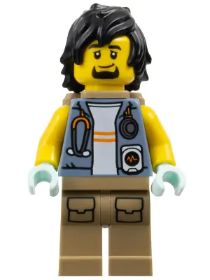 CTY1780:  City Jungle Explorer Medic - Male, Sand Blue Vest with Stethoscope, Dark Tan Legs with Pockets, Goatee and Black Hair, Open Backpack
