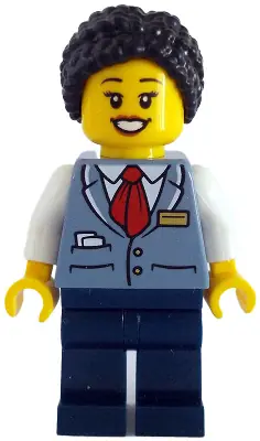 CTY1781:  Tram Driver - Female, Sand Blue Vest, Dark Blue Legs, Black Hair Braided with Knot Bun
