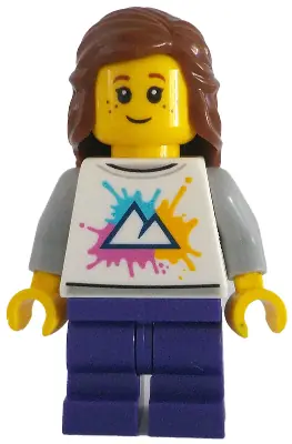 CTY1782:  Tram Passenger - Female, White Shirt with Mountains Logo, Dark Purple Medium Legs, Reddish Brown Hair, Freckles