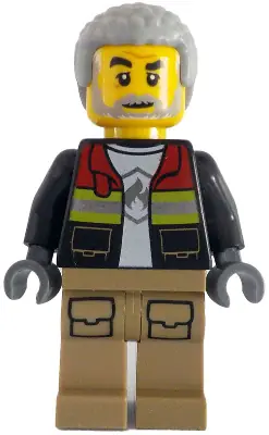 CTY1783:  Fire - Male, Black Open Jacket with Reflective Stripes and Red Collar, Dark Tan Legs, Light Bluish Gray Coiled Hair