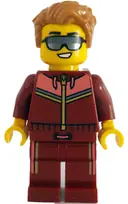 Minifigurka: CTY1784:  Tram Passenger - Male, Dark Red and Coral Jogging Suit, Medium Nougat Hair, Sunglasses