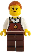 Minifigurka: CTY1785:  Barista - Female, Reddish Brown Apron with Cup and Name Tag, Reddish Brown Legs, Dark Orange Hair