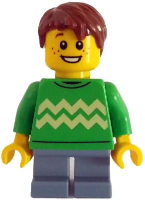 CTY1786:  Child - Boy, Bright Green Sweater with Bright Light Yellow Zigzag Lines, Sand Blue Short Legs, Reddish Brown Hair