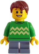 Minifigurka: CTY1786:  Child - Boy, Bright Green Sweater with Bright Light Yellow Zigzag Lines, Sand Blue Short Legs, Reddish Brown Hair