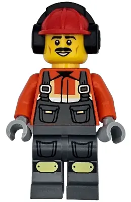 CTY1787:  Construction Worker - Male, Dark Bluish Gray Overalls over Reddish Orange Safety Jacket with Reflective Stripes, Dark Bluish Gray Legs with Knee Pads, Red Construction Helmet with Black Ear Protectors
