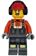 Minifigurka: CTY1787:  Construction Worker - Male, Dark Bluish Gray Overalls over Reddish Orange Safety Jacket with Reflective Stripes, Dark Bluish Gray Legs with Knee Pads, Red Construction Helmet with Black Ear Protectors