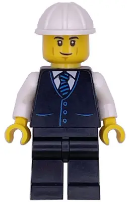 CTY1788:  Construction Engineer / Architect - Male, Black Vest with Blue Striped Tie, Black Legs, White Construction Helmet, Lopsided Grin